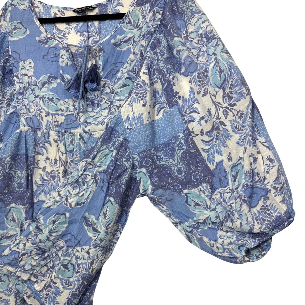 Unique Spectrum 2X Peasant Blouse Blue Floral Patchwork Tassel Boho Beach Summer - Picture 2 of 5
